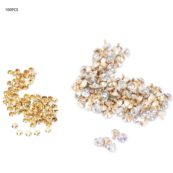 100 st 10 mm metall strass nitar dubbar spikar dekoration (guld kant + vit kristall)