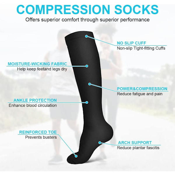 Kompressionsstrømper, 6 Par 15-20 mmHg Kompressionsstrømper til Kvinder og Mænd, Kompressionsstrømper til Atletik, Cykling, Løbetræning, Flyrejser (L/XL, Sort) black 6#L/XL