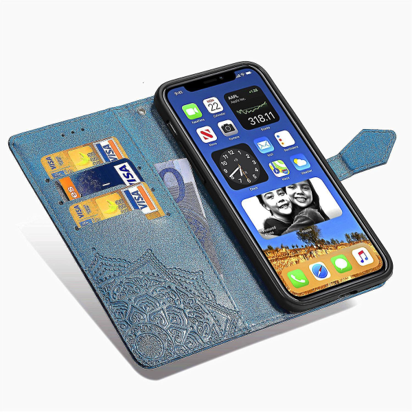 SQBB Kompatibel med Iphone 13 Case Cover Emboss Mandala Magnetic Flip Protection Stötsäker - Blå null ingen