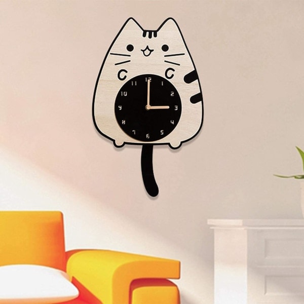 Cat Clocks with Swinging Tail and Eyes Wooden Cartoon Clock Creative Silent Swinging Wall Clock with Cat Wagging Tail