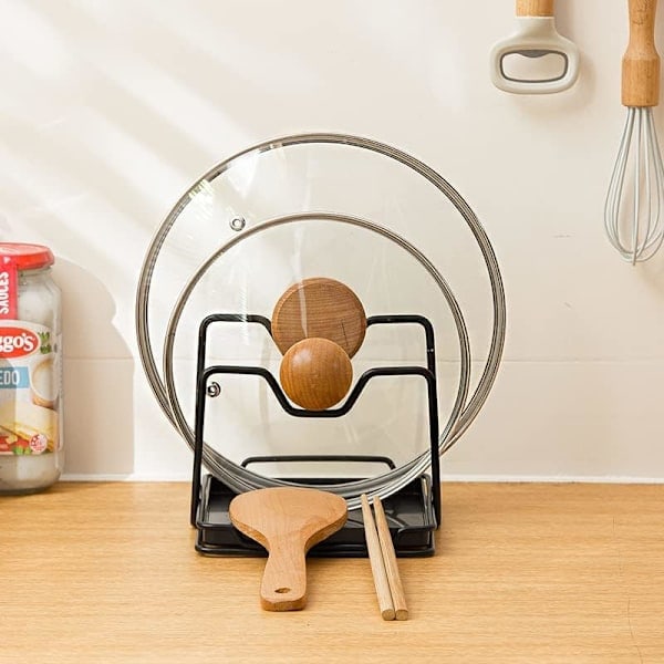 Pan Pot Lågholder Stativ Skærebræt Rack Skeholder Hakkebræt Organizer Stativ med Drypbakke (Sort)