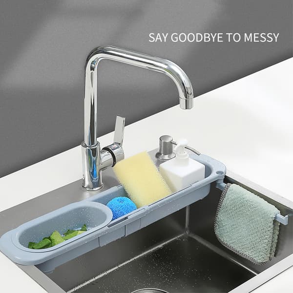 Retractable Hollow Drain Hanger Rod Sink Rack Plastic Sponge Holder Kitchen Sink Blue Grey