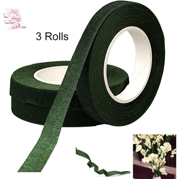 3 ruller blomsterhandlerstape, 12 mm bred blomstertape bukettape, 30 meter/rulle mørkegrøn blomstertape