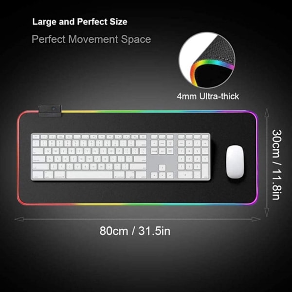 RGB Gaming Mouse Pad 800×300×4mm Thick Extended Gaming Mouse and Keyboard Pad with Non-Slip Rubber Base and 7 Lighting Modes