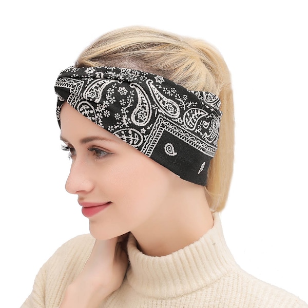 Valikoima Paisley-kuvioisia leveitä bandana-solmupantoja ristikkäin päänauha hiuspanta (musta) Pehmeä bandana-kuvio solmu edessä oleva pääpanta