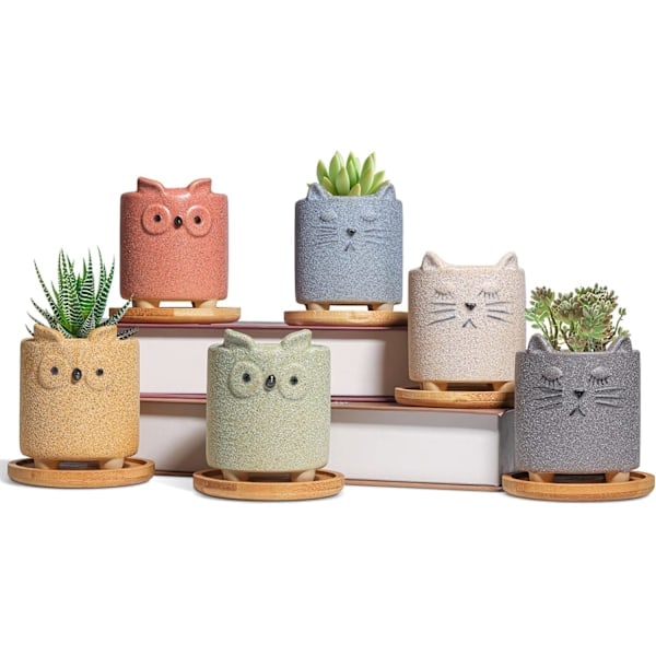 7CM Søte Dyreplantepotter, Små Dyreplantekasser med Fat Sett med 6, Små Keramikkpotter for Sukkulenter Kaktuser, (Ingen Planter)