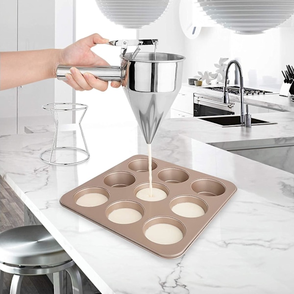 Rustfrit stål pandekagedej dispenser tragt med stativ er perfekt til kager, Takoyaki eller en