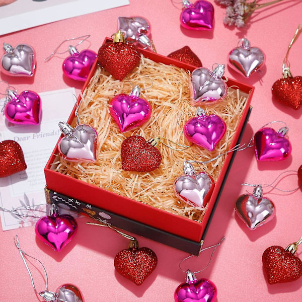 Hjerteformede julekuler til morsdag og valentinsdag, hjerteformede ornamenter til valentinsdagdekorasjon eller hjemmedekor, 24 stykker