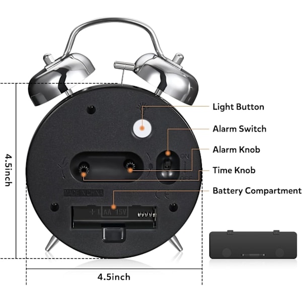 Loud Alarm Clock for Heavy Sleepers Adults, Retro 4 Inch Silent Non-Ticking Quartz with Backlight, Twin Bell Analog Kids Alarm Clocks