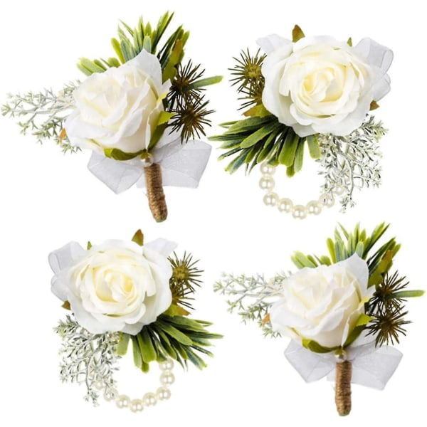 2 Pcs White Rose Ladies Wrist Flower and Men's Buttonhole Corsage Suitable for Bride and Bridesmaid Wedding Prom