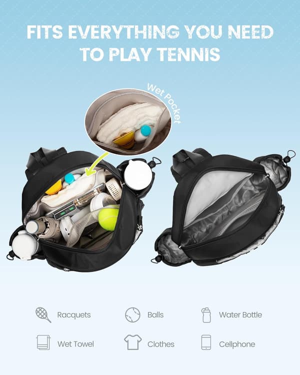 Tennis Backpack Large Capacity Adjustable Shoulder Strap Waterproof Tennis Bag, Black