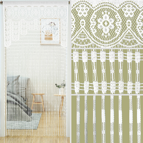 Spetsgardin för dörröppningar, dörröppningsgardin i hippiestil, fönsterpanel, rumsavdelare, väggskåpsgardiner (100×200 cm, vit)