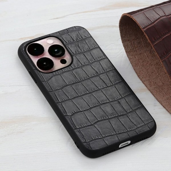 iPhone 14 Pro Max Cover Ægte Læder Krokodille Tekstur Sort