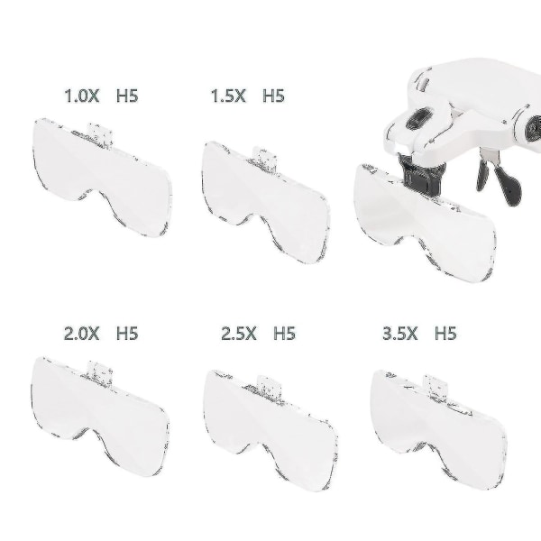 Håndfrie forstørrelsesbriller med 2 LED-lys 5 utskiftbare linser 1.0x til 3.5x