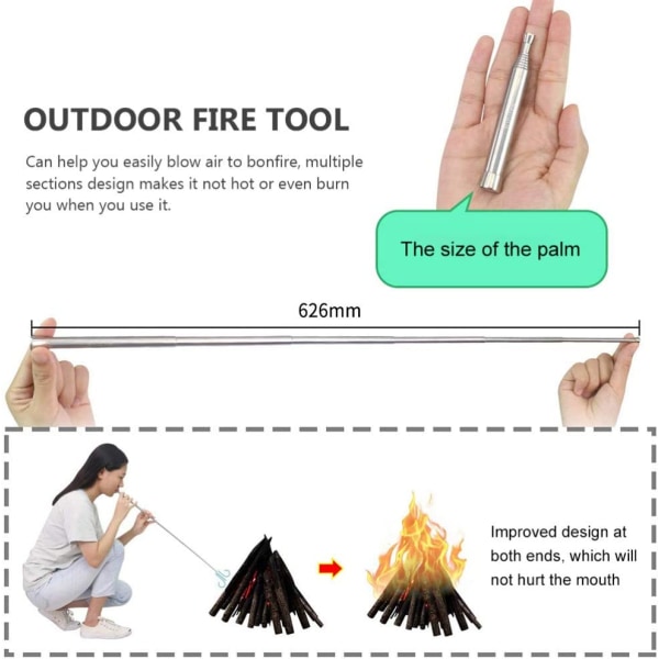 Vikbart rostfritt stål eldblåsrör Gear Campfire Tool
