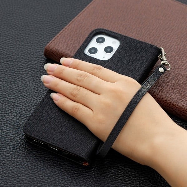 iPhone 12 Pro Max - Litchi Etui - Sort Black Svart