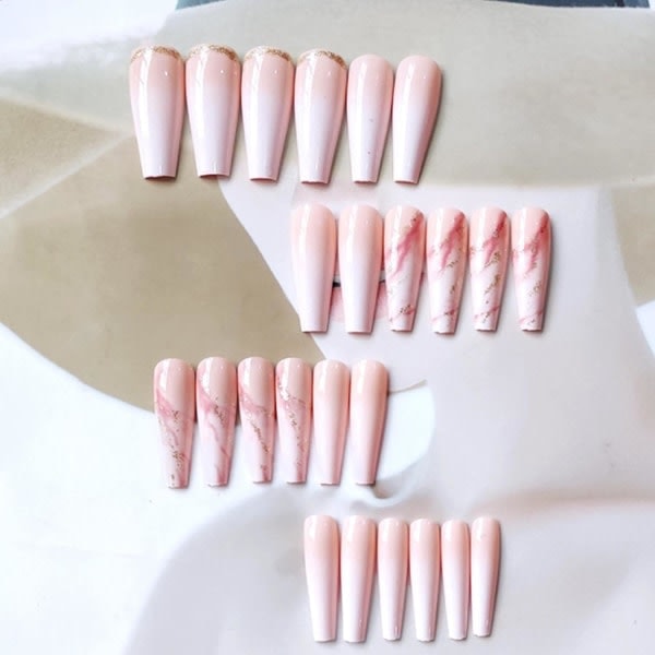 Lange trykk på negler Gradient Fake Nails Full Dekning Bling Løsnegler for kvinner og jenter 24 stk