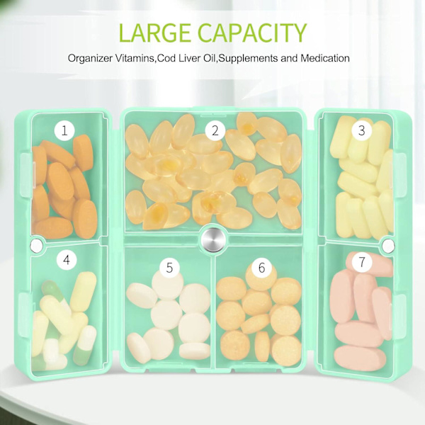 7-dagars pillerorganisatör, resetablettpillerfodral, [hopfällbar design][stor kapacitet] bärbar pillerdispenserbehållare för vitaminer, mintgrön
