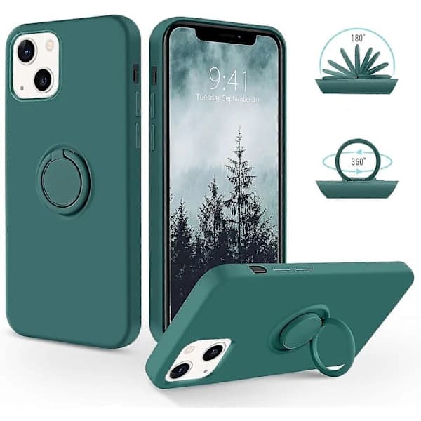 For iPhone 13 Deksel Silikongel 360 Ringholder Mobilskall - Midnattsgrønn[CO]