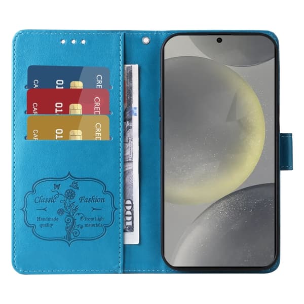 Samsung Galaxy S25 5G Case with Embossed Butterfly Flowers Blå