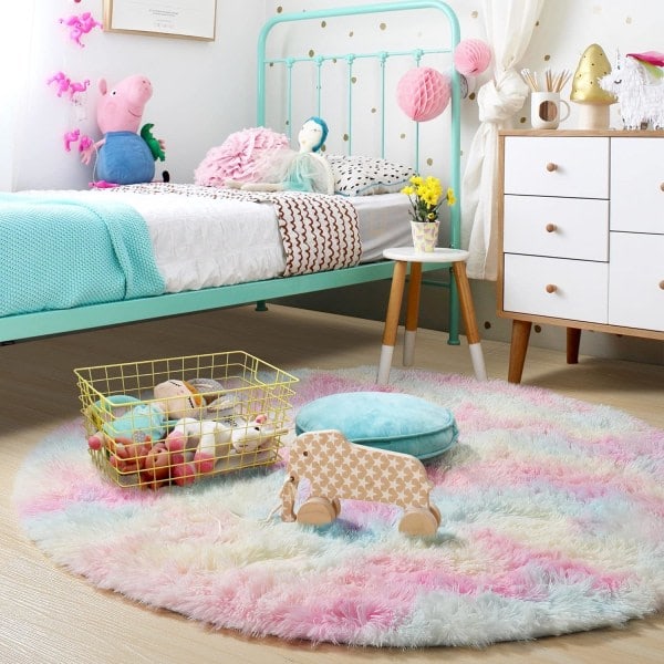 Regnbågsformad fluffig matta för flickrum 4ft, enhörningsrumsinredning, pastellfärgad rund matta för barn, lurvig matta för barnrum, mjuk le...