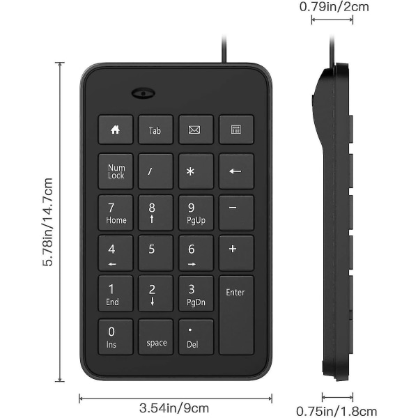 Numeriskt tangentbord med 23 tangenter, ultratunt bärbart USB-tangentbord för bärbar dator, stationär dator - Svart