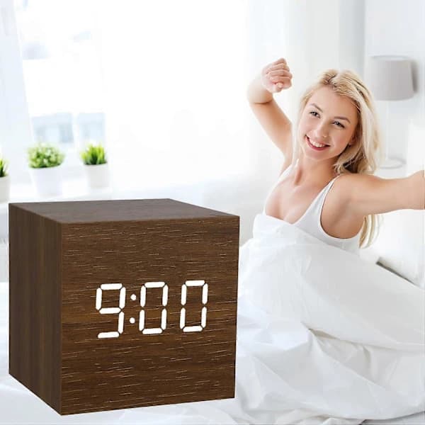 Digital Väckarklocka Sängbord, Digital Väckarklocka Trä Väckarklocka Mini Kub Tyst Trä Digitala Väckarklockor för Sovrum[co]