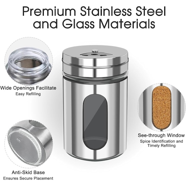 2 stk salt- og pepperkverner, krydderdispensersett med justerbare hull, elegant krydder i rustfritt stål og glass