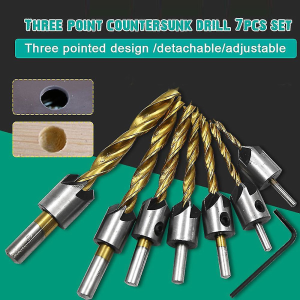 7 stk Titanbelagte Fasebit Trepunktsbor Countersunk Reaming Device