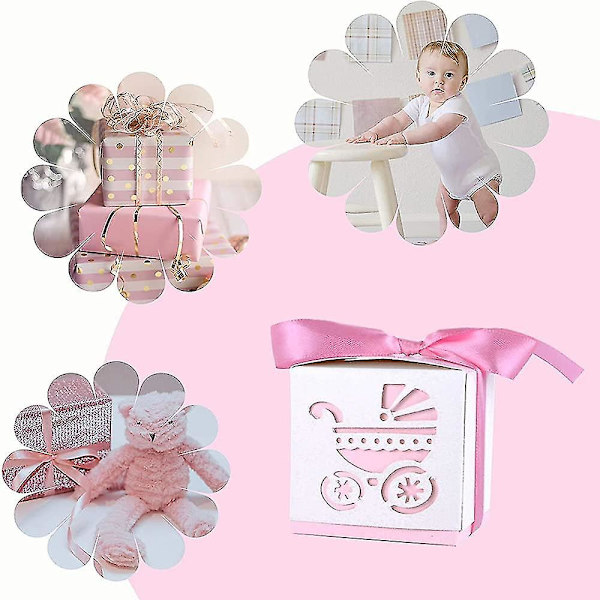 Paket med 50 presentaskar, presentask för nyfödda dop, festpresentaskar, presentask med band i rosa