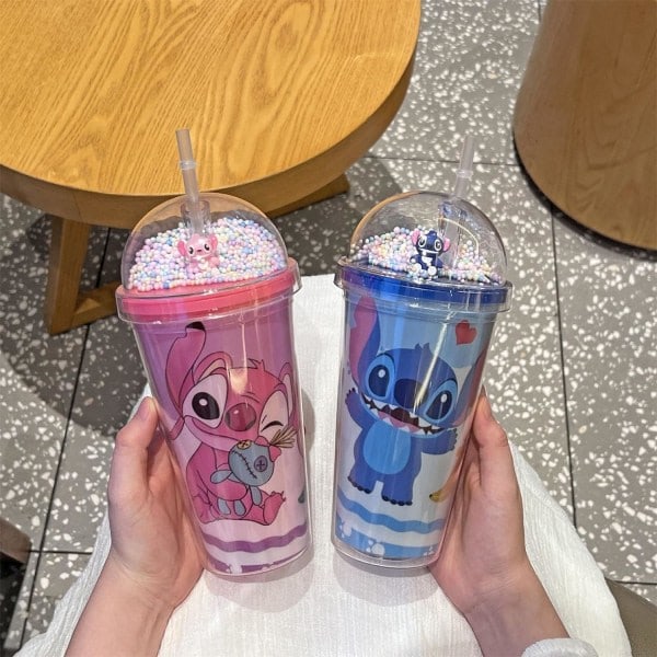 Drikkekopp med lokk og sugerør, tolags vannkopp 450ML melkete-kopp, dobbeltlags kaffekopp, reisekopp, plastkopp med sugerør Rosa En størrelse