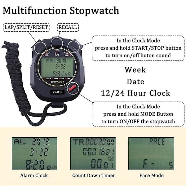 Stoppeklokke Pro Timer 3 Rader 10/30/100 Runder Delt Minne[CO]