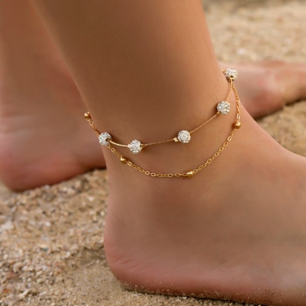 Layered Crystal Anklet Gold Satellite Chain Ankel Armband Flerlagers Foot Chain Smycken