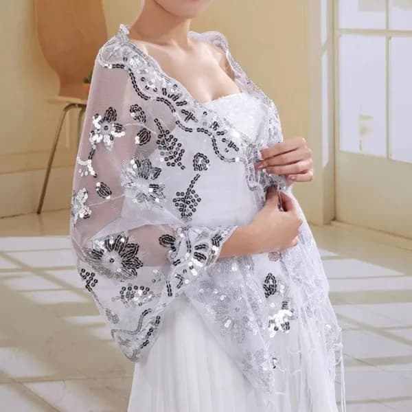 Ny brud bröllopsklänning dam Cheongsam sjal vit spets broderade paljetter Lång