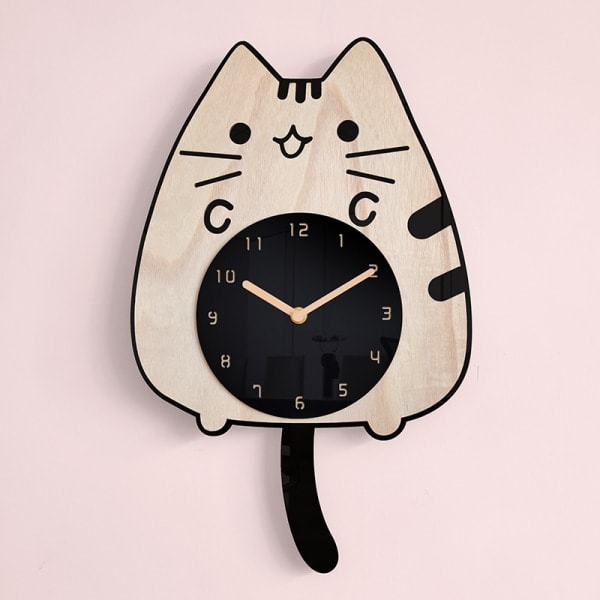 Cat Clocks with Swinging Tail and Eyes Wooden Cartoon Clock Creative Silent Swinging Wall Clock with Cat Wagging Tail