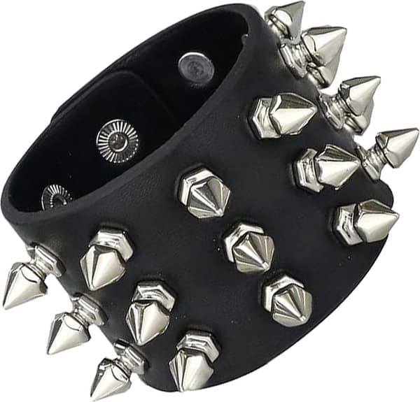 Punk læderarmbånd med nitter, sort, unisex, med ring og nitte-spænde