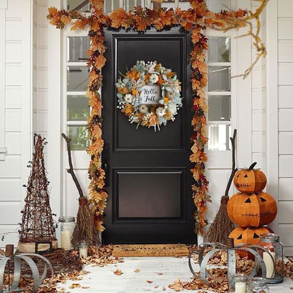 20 tum Thanksgiving höstkrans, eukalyptus, bär, pumpor, lammöron, höstkransar för ytterdörren