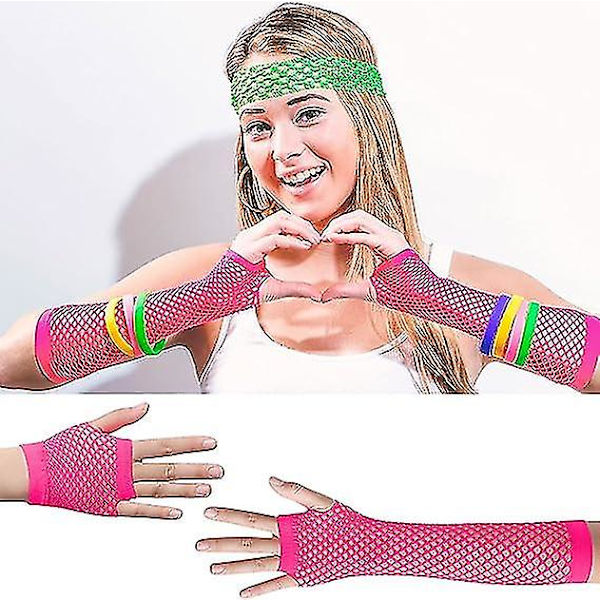 2 par lange og korte fiskenet handsker (rose) fingerløse fiskenet handsker mesh handsker 80'er fiskenet handsker handsker til 80'er fancy dress tilbehør