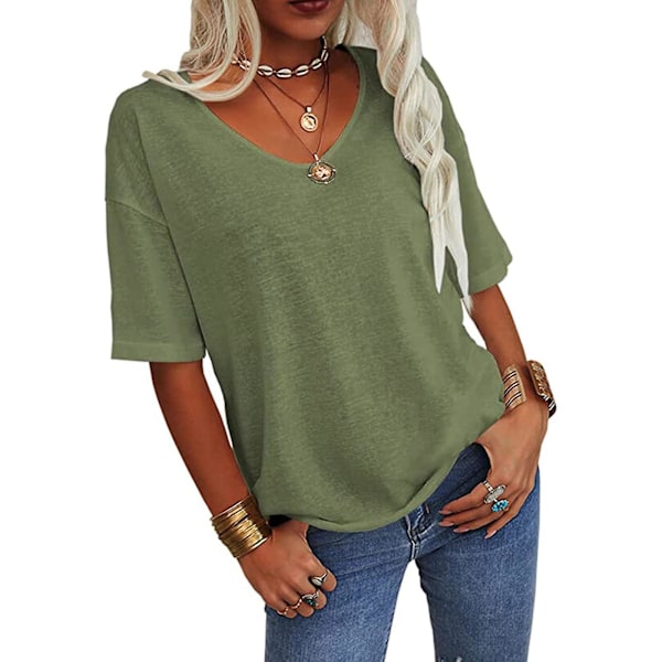 Kvinde Mode V-hals Halv ærmer Oversized T-shirt Solid Casual Løs Basic Toppe XL