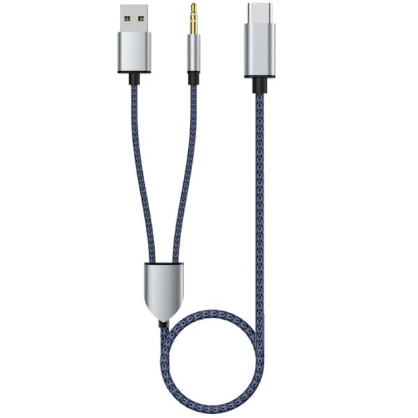 2-i-1 Typ-C Bilstereo Kabel 1 Delt 2 Typ C til USB A 3.5mm Aux Kabel Blå[CO]