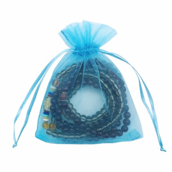 100-pack Smyckespåsar med Dragsko Turkos Blå, 7*9cm Små Nätpåsar Godispåsar Mini-Säckar för Små Julklappar Smycken