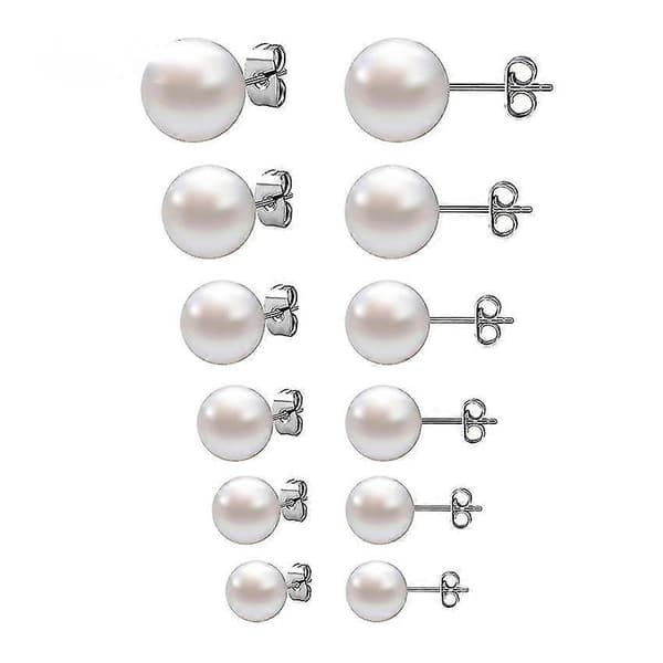 [COQQ] 6 par perleøreringe sæt, 4/6/8/10/12/14 mm rustfrit stål stift hvide perleøreringe elegante øreringe (D)