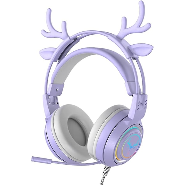 Deer Ears Gaming Hovedtelefoner, Kablet Rgb Baggrundsbelysning Gaming Headset Fashion Hifi Musik Hjorteører Over-ear Hovedtelefoner Med Mikrofon Stereo Lyd(lilla)