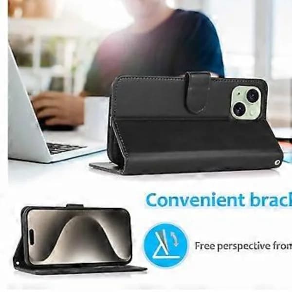 Lommeboketui med stativ for iPhone 15 Plus i PU-lær, avtakbart 2-i-1-etui (Stil A)[CO]