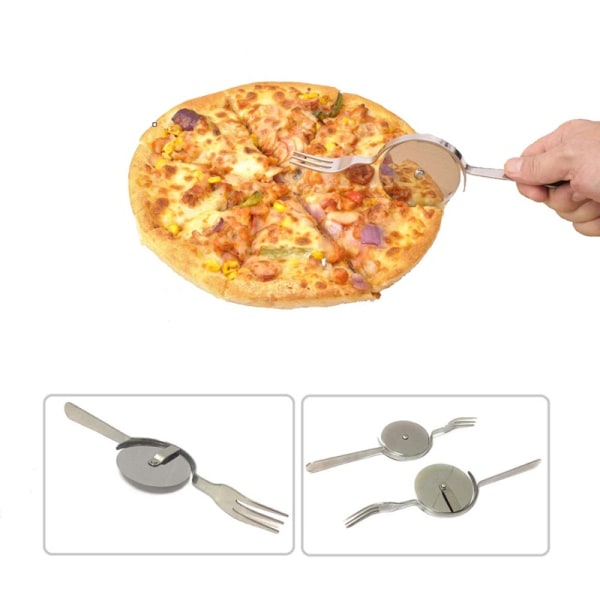 Pizzahjul i rostfritt stål med gaffel Multifunktions tårtskyffel