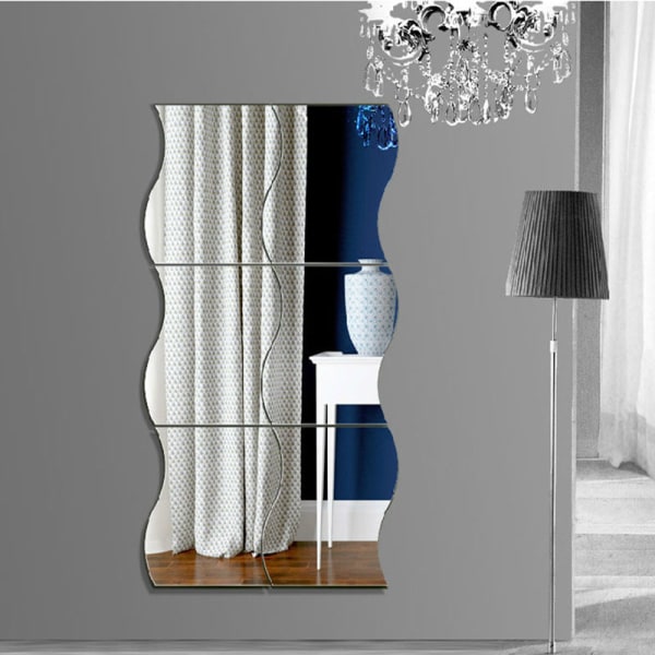 Självhäftande väggspegel 6 st Silverspegel väggdekor, vågform plast DIY väggdekor spegel för hemmakontor ytdekoration (silve
