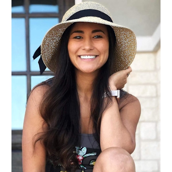 Solhatt i halm för damer, strand, UV Upf50, resbar, hopfällbar, bred brätte, sommar, UV-hatt (hy)