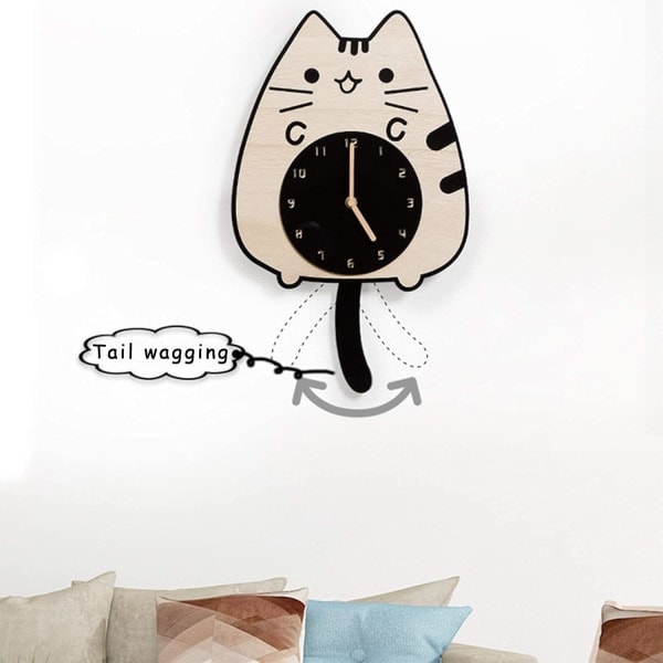 Cat Clocks with Swinging Tail and Eyes Wooden Cartoon Clock Creative Silent Swinging Wall Clock with Cat Wagging Tail