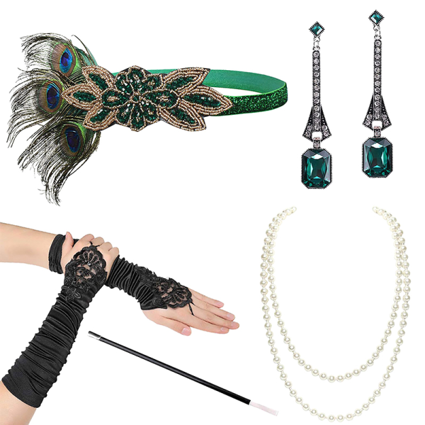 1920'er Flapper Kostume Pandebånd Halskæde Handsker Armbånd Gatsby M G Onesize