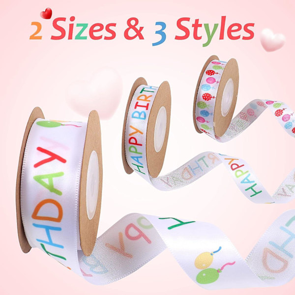 3 rullar Happy Birthday-band, 3/5\" och 1\" bred band för födelsedagstårta i vit satinpolyester
